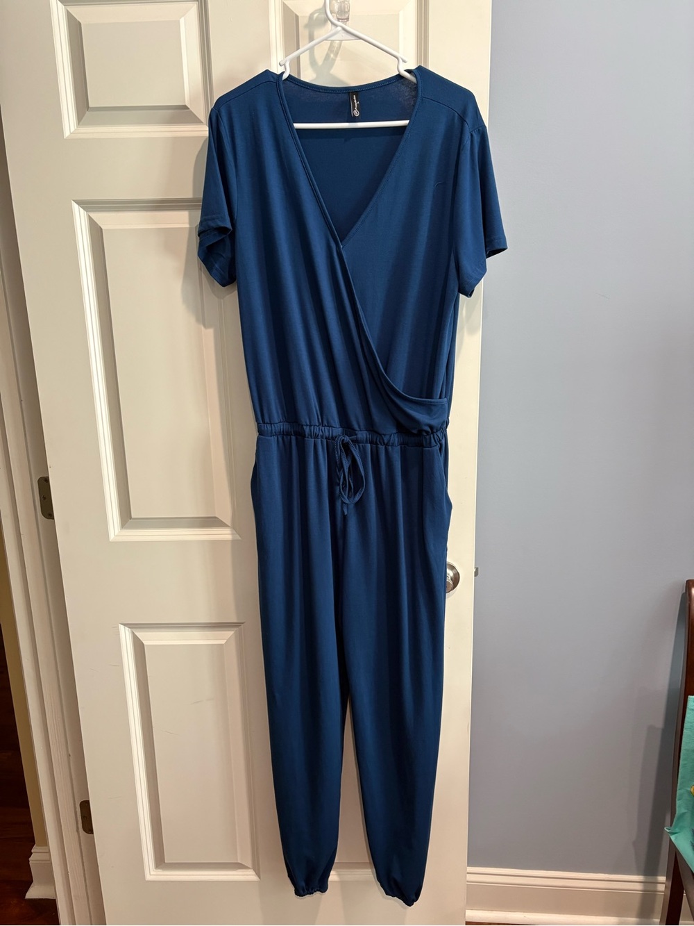 Pretty Garden Navy Blue Short-Sleeve Wrap Jumpsuit
